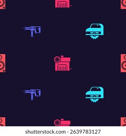 Set Electric circular saw, Rotary hammer drill machine, Air compressor and Stereo speaker on seamless pattern. Vector