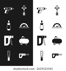Set Electric circular saw, Screwdriver, cordless screwdriver, Electrical hand concrete mixer, Construction stapler, Air compressor, Reciprocating and Rasp metal file icon. Vector