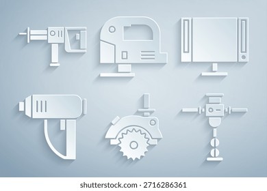 Conjunto Sierra circular eléctrica, Smart Tv, secador industrial, martillo neumático de construcción, rompecabezas e icono de máquina de perforación rotativa. Vector