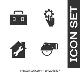 Set Electric circular saw, Toolbox, House repair and Settings in the hand icon. Vector