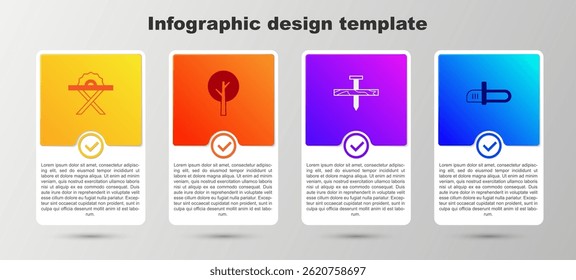 Set Electric circular saw, Tree, Metallic nail and Chainsaw. Business infographic template. Vector