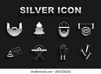 Set Electric circular saw, Two-handed and log, Metallic nails, Protective gloves, Wooden beam, Lumberjack, Mustache beard and Christmas tree icon. Vector