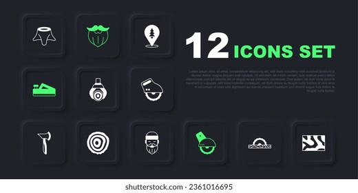 Set Electric circular saw, Wooden beam, Grapple crane grabbed log, plane tool, Tree rings, Mustache and beard and Lumberjack icon. Vector