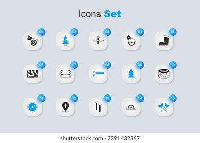 Set Electric circular saw, Wooden box, Tree, Circular blade, axe, logs, Hand and and  icon. Vector