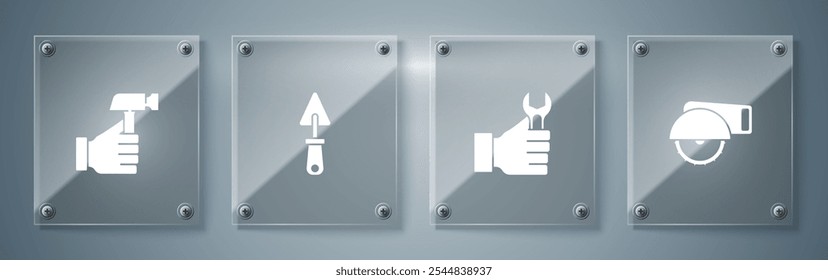 Set Sierra circular eléctrica, llave inglesa, paleta y martillo. Paneles de vidrio cuadrados. Vector