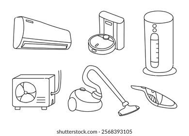 set of electric cleaner icons hand drawn, doodle elements, vector illustrations. home appliance machine, vacuum cleaner, home cleaning robot, air conditioner,  canister, handled, air purifier