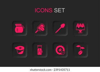 Set Electric coffee grinder, Spatula with grain, Coffee pot, Medal for, Cake, beans, Teaspoon and Pour over maker icon. Vector