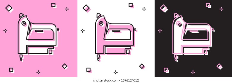 Set Electric construction stapler icon isolated on pink and white, black background. Working tool.  Vector Illustration