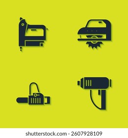 Set Electric construction stapler, industrial dryer, Chainsaw and circular icon. Vector