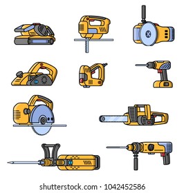 Set of electric construction tools. Flat style professional builder tool. Angle belt grinder, chainsaw, circular saw, jackhammer, jigsaw, jointer, puncher, screwdriver stapler Vector illustration