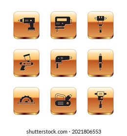 Set Electric cordless screwdriver, circular saw, planer tool, jigsaw, Paint spray gun, Construction jackhammer, Electrical hand concrete mixer and  icon. Vector