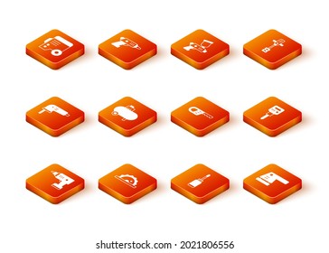 Set Electric cordless screwdriver, circular saw, jigsaw, Air compressor, Screwdriver, Reciprocating, sander and Construction jackhammer icon. Vector