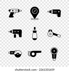 Set Electric cordless screwdriver, Circular saw blade, Angle grinder, Leaf garden blower, drill machine and Screwdriver icon. Vector