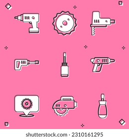 Set Electric cordless screwdriver, Circular saw blade, jigsaw, Rotary hammer drill machine, Screwdriver,  and circular icon. Vector