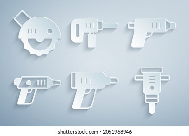 Ajuste destornillador inalámbrico eléctrico, martillo de construcción, máquina de perforación e icono de sierra circular. Vector