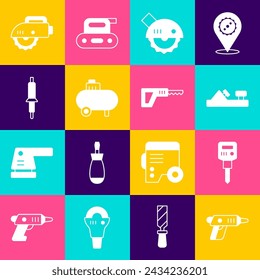 Set Electric cordless screwdriver, Construction jackhammer, Wood plane tool, circular saw, Air compressor, Soldering iron,  and Reciprocating icon. Vector