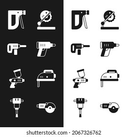 Set Electric cordless screwdriver, drill machine, Construction stapler, Table saw for woodwork, Paint spray gun, jigsaw, Angle grinder and jackhammer icon. Vector