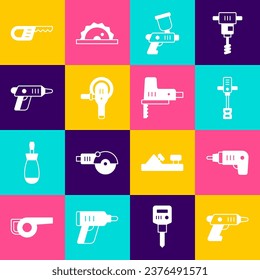 Set Electric cordless screwdriver, Electrical hand concrete mixer, Paint spray gun, Angle grinder, Reciprocating saw and jigsaw icon. Vector