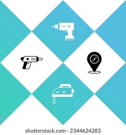 Set Electric cordless screwdriver, jigsaw,  and Circular blade icon. Vector