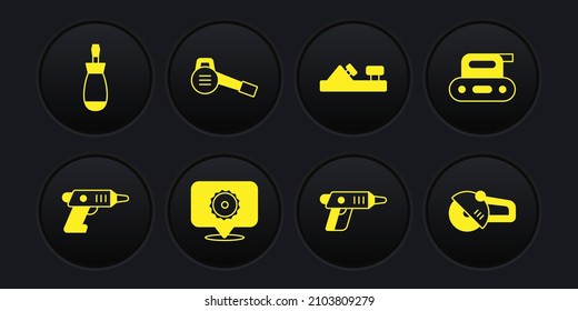 Set Electric cordless screwdriver, planer tool, Circular saw blade, Wood, Leaf garden blower, Angle grinder and Screwdriver icon. Vector