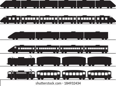 Set of electric and diesel trains illustrated on white