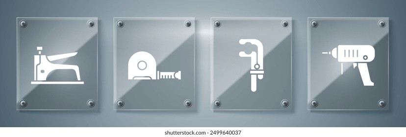 Set Elektrische Bohrmaschine, Spannwerkzeug, Roulette Konstruktion und Bauhefter. Quadratische Glasplatten. Vektorgrafik