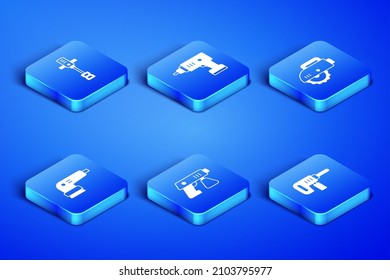 Set Electric drill machine, Electrical hand concrete mixer, Paint spray gun, sander, cordless screwdriver and circular saw icon. Vector