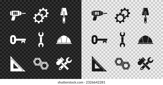 Set Electric drill machine, Gear, Trowel, Triangular ruler, Hexagonal metal nut, Hammer and wrench spanner, Old key and Wrench icon. Vector
