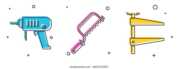 Set Electric drill machine, Hacksaw and Clamp tool icon. Vector