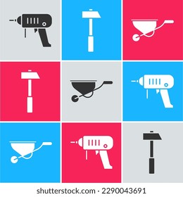 Set Electric drill machine, Hammer and Wheelbarrow icon. Vector