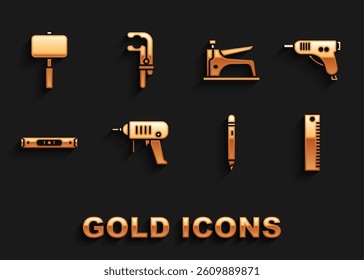 Set Electric drill machine, hot glue gun, Ruler, Pencil with eraser, Construction bubble level, stapler, Sledgehammer and Clamp tool icon. Vector