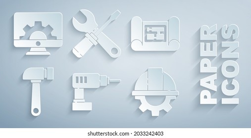 Set Electric drill machine, House plan, Hammer, Worker safety helmet and gear, Screwdriver wrench spanner and Computer monitor icon. Vector