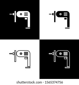 Set Electric drill machine icon isolated on black and white background. Repair tool.  Vector Illustration