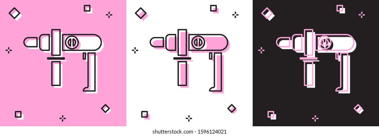 Set Electric drill machine icon isolated on pink and white, black background. Repair tool.  Vector Illustration