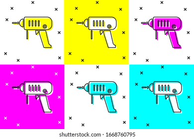 Set Electric drill machine icon isolated on color background. Repair tool.  Vector Illustration