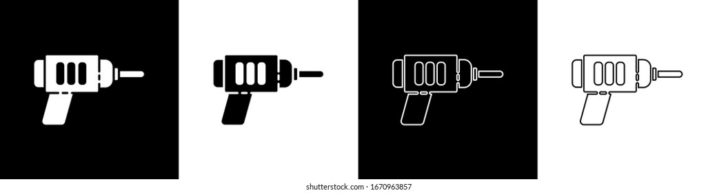 Set Electric drill machine icon isolated on black and white background. Repair tool.  Vector Illustration