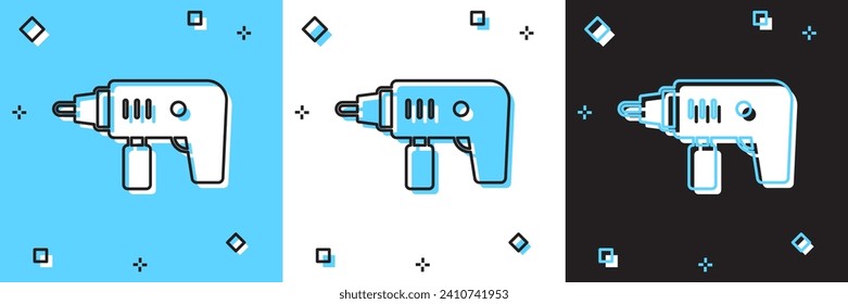 Set Electric drill machine icon isolated on blue and white, black background. Repair tool.  Vector