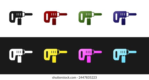 Set Electric drill machine icon isolated on black and white background. Repair tool.  Vector