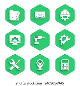 Set Electric drill machine, Location with wrench spanner, Calculator, Wrench and gear, Screwdriver, Computer monitor, Worker safety helmet and Graphing paper pencil icon. Vector