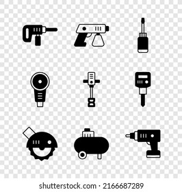 Set Electric drill machine, Paint spray gun, Screwdriver, circular saw, Air compressor, cordless screwdriver, Angle grinder and Electrical hand concrete mixer icon. Vector
