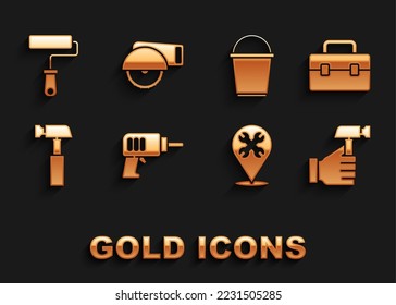 Set Electric drill machine, Toolbox, Hammer, Location with wrench, Bucket, Paint roller brush and circular saw icon. Vector