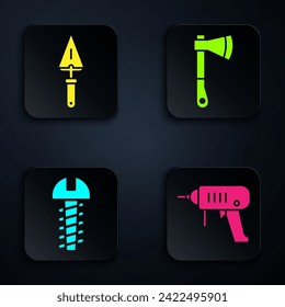 Elektrische Bohrmaschine, Trowel, Metallschraube und Holzaxt. Schwarze Quadrat-Taste. Vektorgrafik