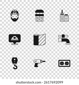 Set Electric drill machine, Water tap, Electrical outlet, Wallpaper, City landscape, Builder, Chimney and Worker safety helmet icon. Vector