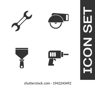 Ajuste Máquina de perforación eléctrica, spanner de llave inglesa, navaja de púas y icono de sierra circular. Vector