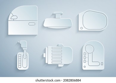 Ajuste el motor eléctrico, el espejo retrovisor de coches, el selector de velocidades y el icono de la puerta. Vector