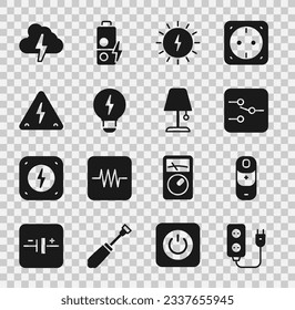 Set Electric extension, Battery charge, Switch in electronic circuit, Solar energy panel, Creative lamp light idea, High voltage, Cloud and lightning and Table icon. Vector