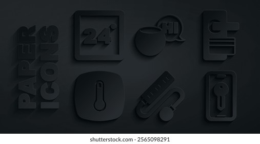 Set Electric extension cord, Digital door lock, Thermostat, Smart key, Voice assistant and  icon. Vector