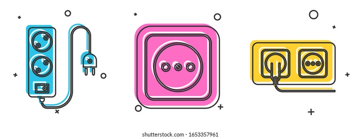 Set Electric extension cord, Electrical outlet and Electrical outlet icon. Vector