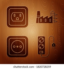 Set Electric extension cord, Electrical outlet in the USA, Electrical outlet and Power station plant and factory on wooden background. Vector