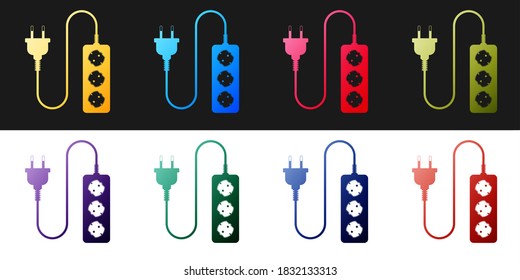 Ajuste el icono del cable de extensión eléctrico aislado en fondo blanco y negro. Toma de enchufe de alimentación. Vector.